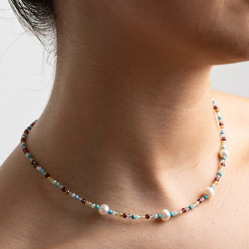 Colored gems and pearl bracelet silver