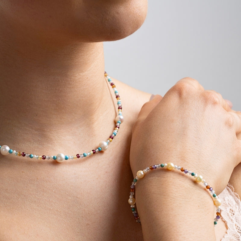 Colored gems and pearl bracelet silver