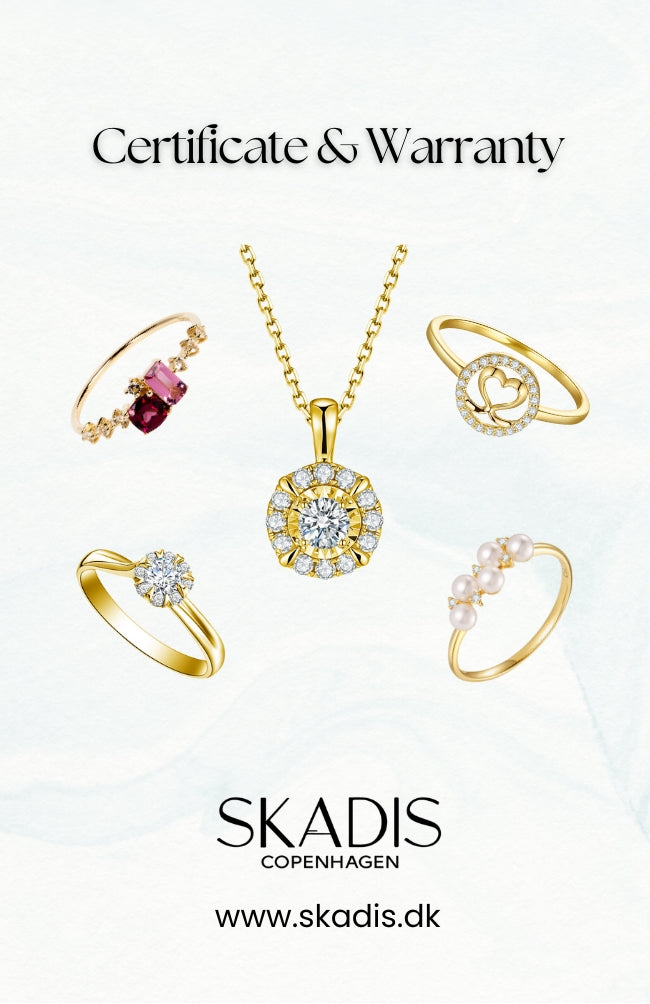 SKADIS Jewelry certificate showing gold jewelry with colored stones, diamonds and pearl rings and a necklace on a light background.