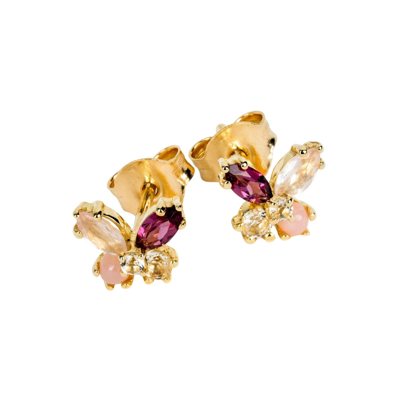 Gold butterfly earrings with gemstones on a white background