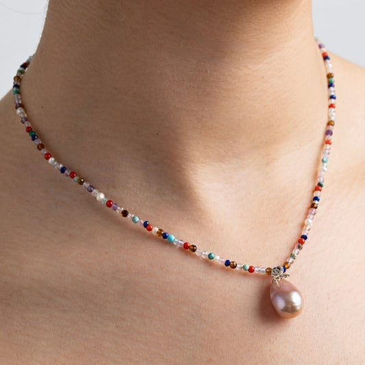 Colored gems pearl necklace silver