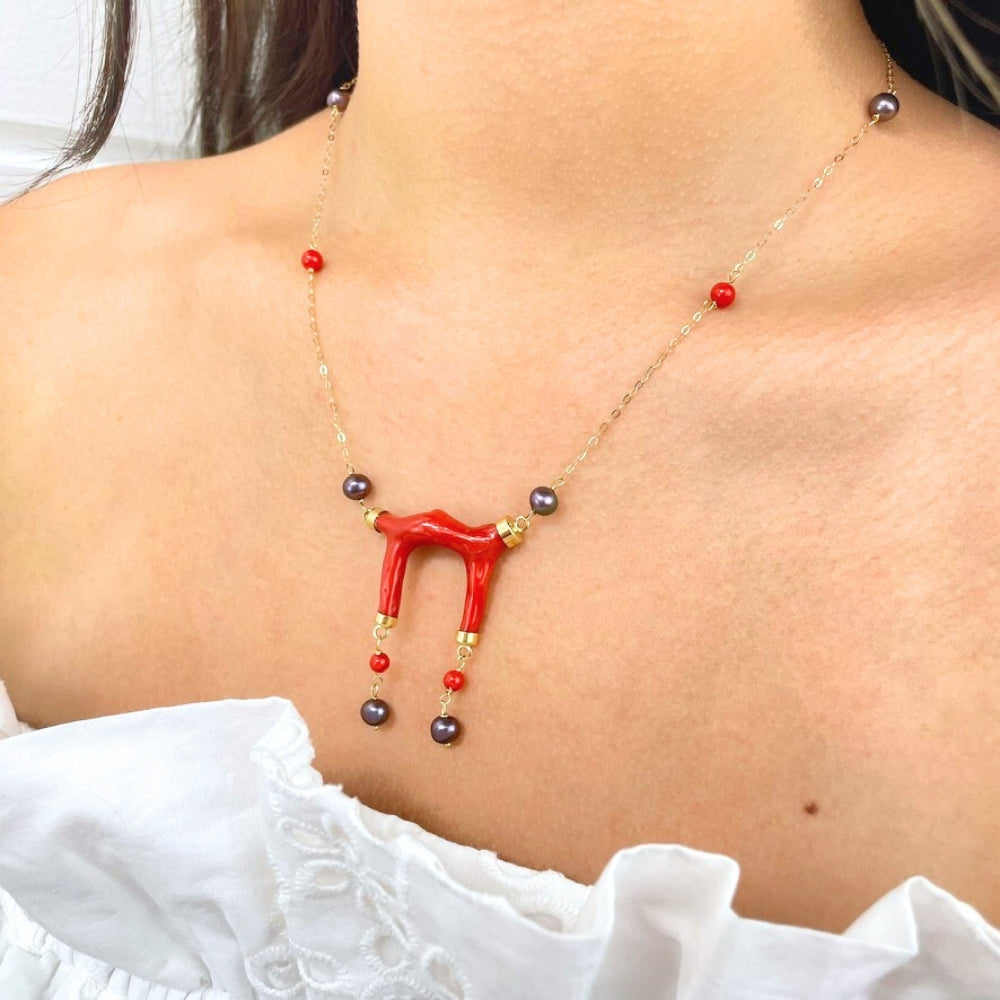 Koral perle halskæde 18 karat guld