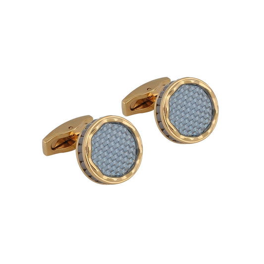 Gold cufflinks with blue textured centers from SKADIS Jewelry