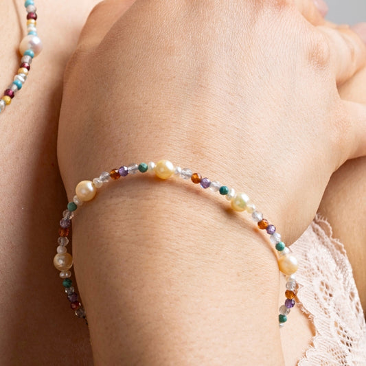 Colored gems and pearl bracelet silver