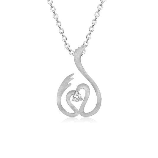 DANCING SWAN diamond pendant on model, 18k white gold - SKADIS Jewelry
