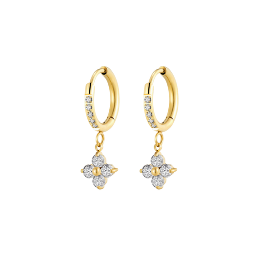 Gold hoop earrings with floral designs from SKADIS Jewelry