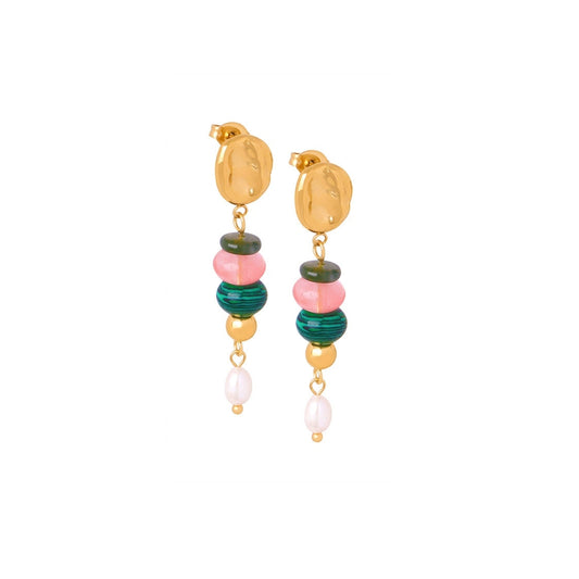 Pair of earrings with gold hooks, colorful beads, and a pearl - SKADIS Jewelry