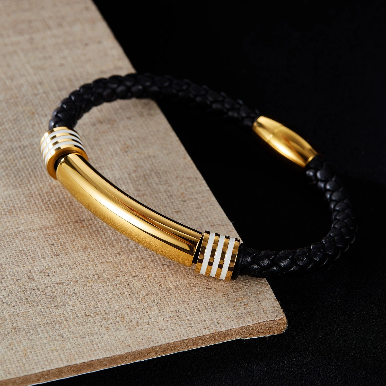Gold-plated and black leather bracelet for men from SKADIS Jewelry