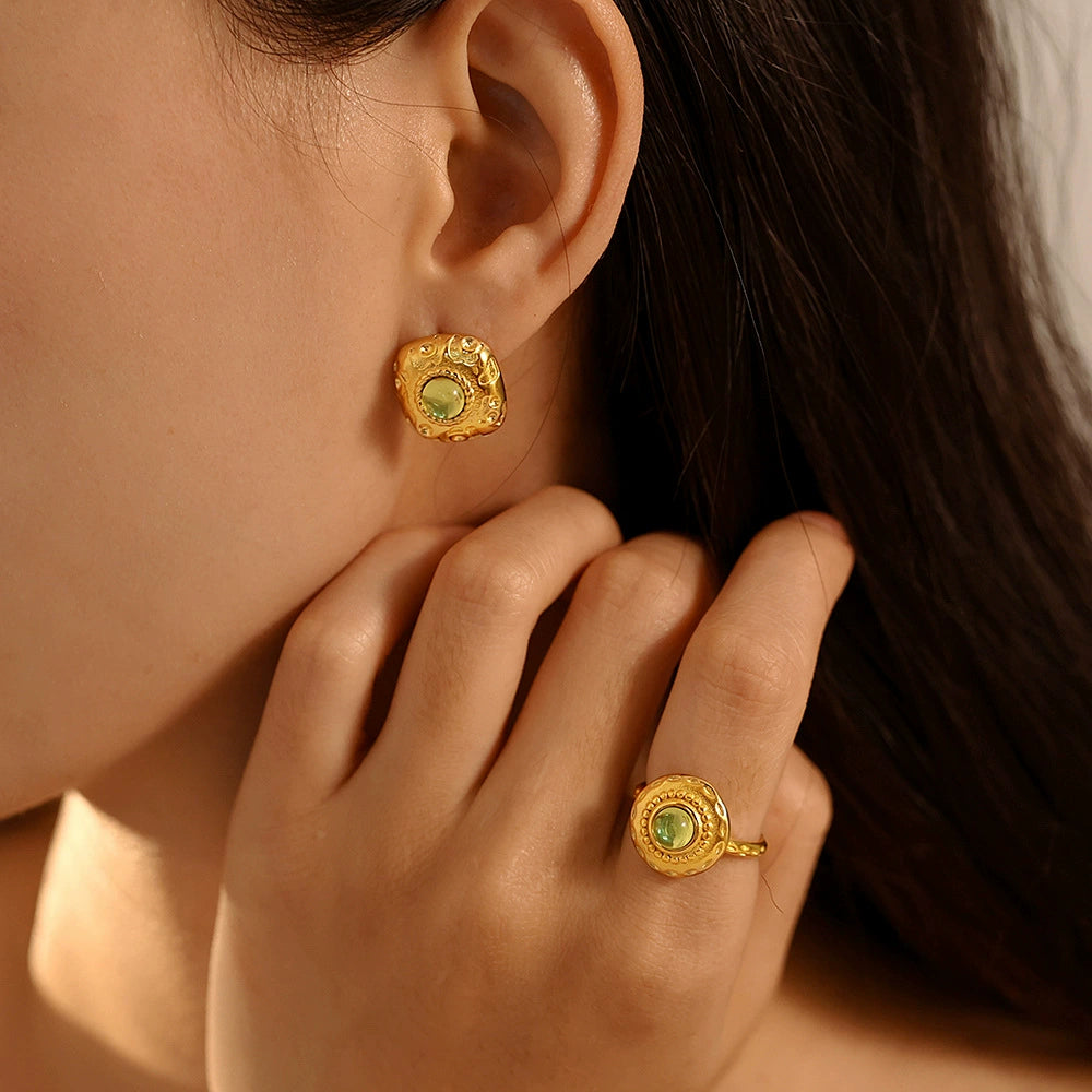 Gold-plated earrings and ring with green natural stonenfrom SKADIS Jewelry