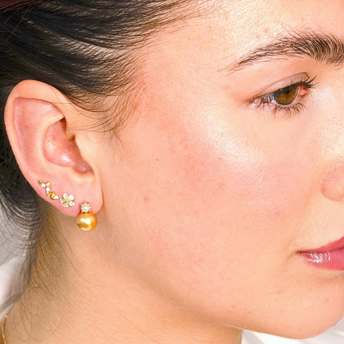 FUSION South Sea golden pearl diamond earrings 18k gold