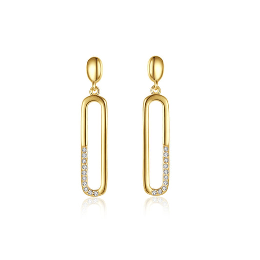 Gold earrings with rectangular design and small zirconias on a white background.