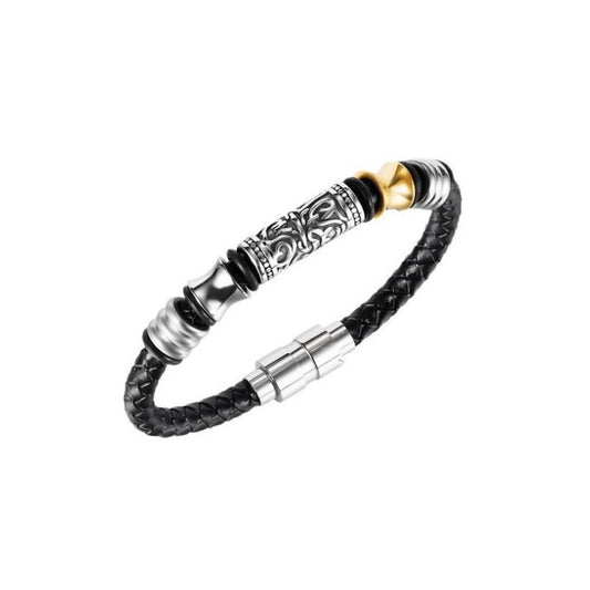 Black braided leather bracelet with silver and gold accents for men from SKADIS