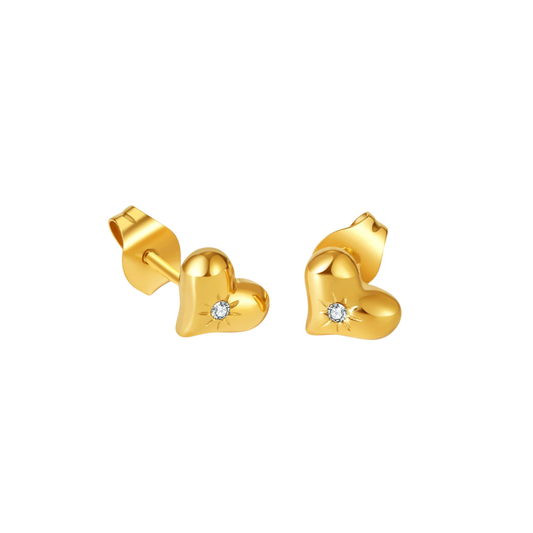 Gold heart-shaped earrings with small diamonds from SKADIS Jewelry