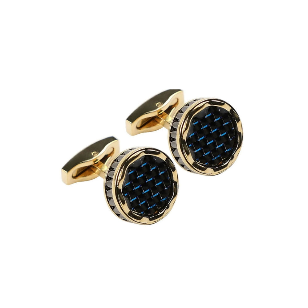 Gold and black cufflinks with blue carbon fiber pattern from SKADIS Jewelry