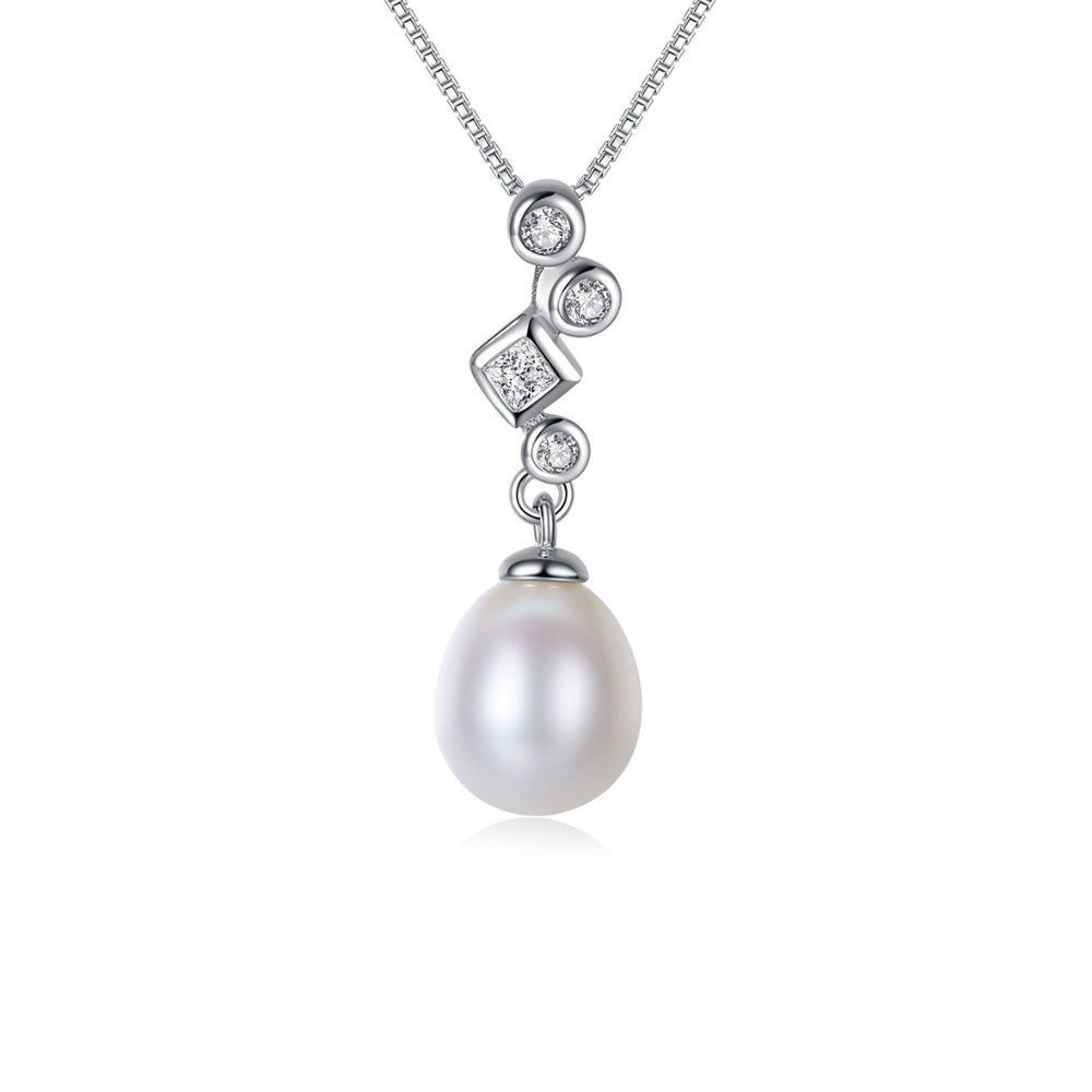 Pearl necklace with zirconia on a white background.