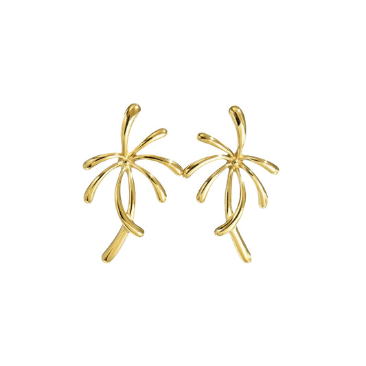Gold leaf-shaped earrings on a white background