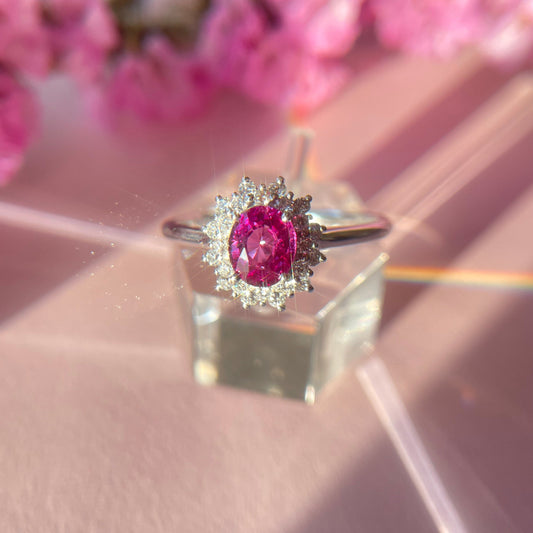 Natual Ruby ring with sparkling diamonds in 18k white gold from SKADIS Jewelry Copenhagen.