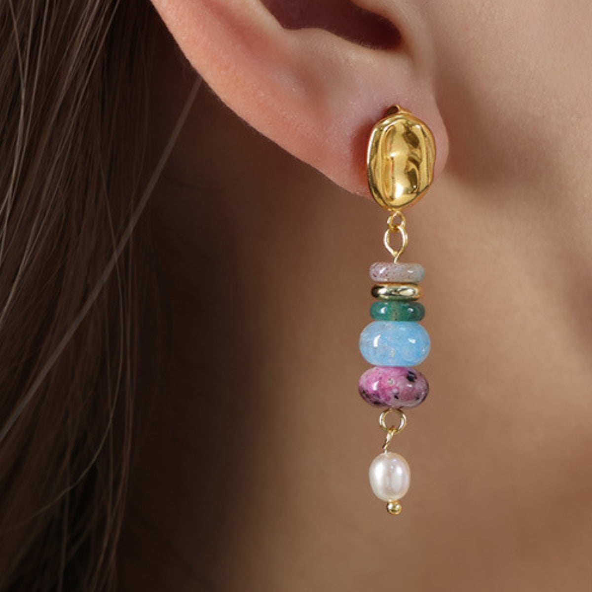 Gold-plated earring with colorful beads and a pearl from SKADIS Jewelry