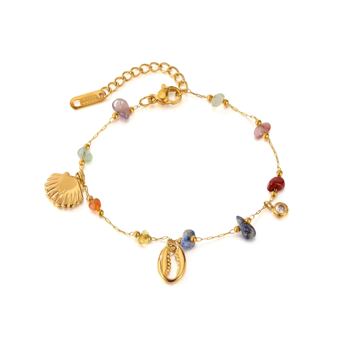 Gold bracelet with shell and bead charms from SKADIS Jewelry