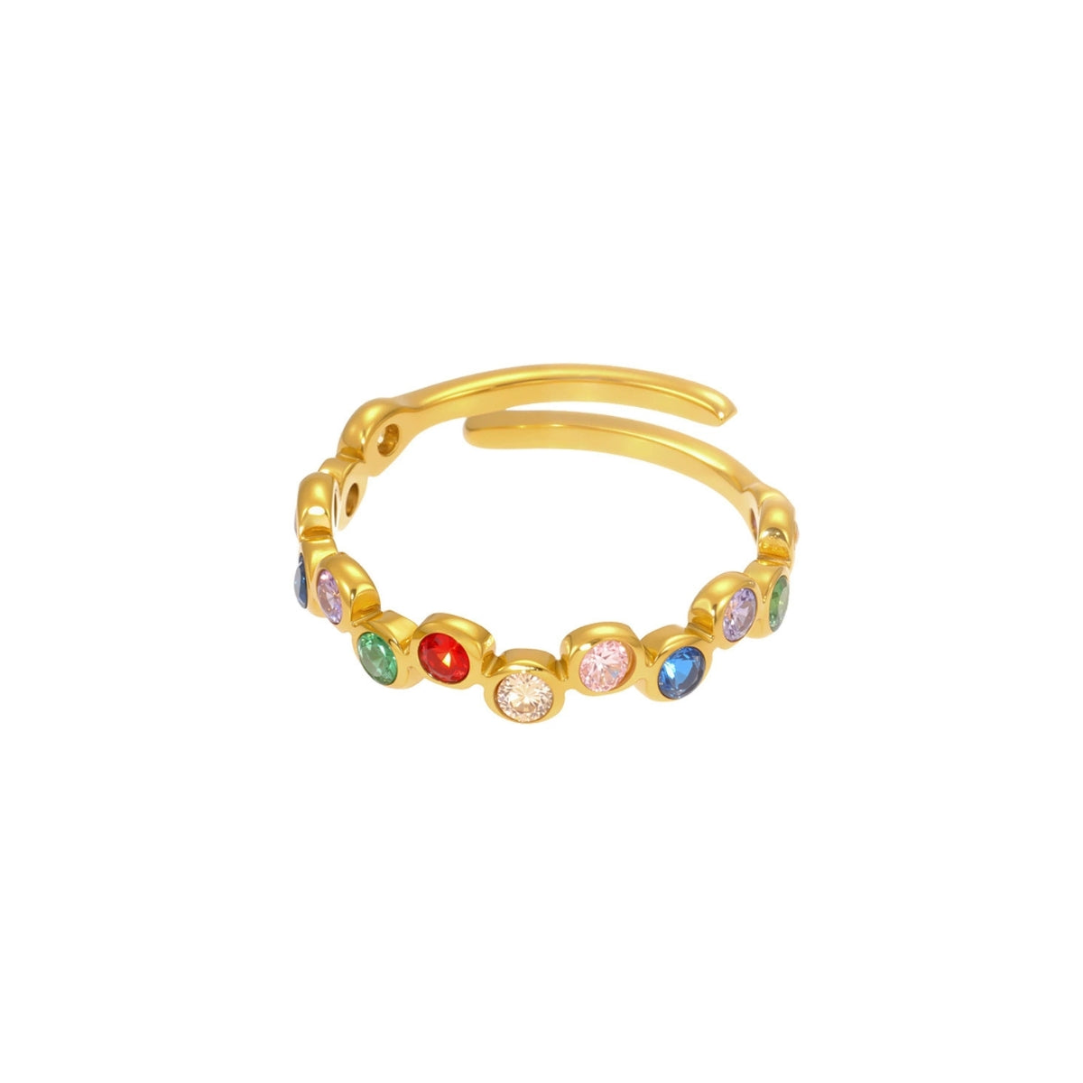 Gold ring with colorful zirconia on a white background