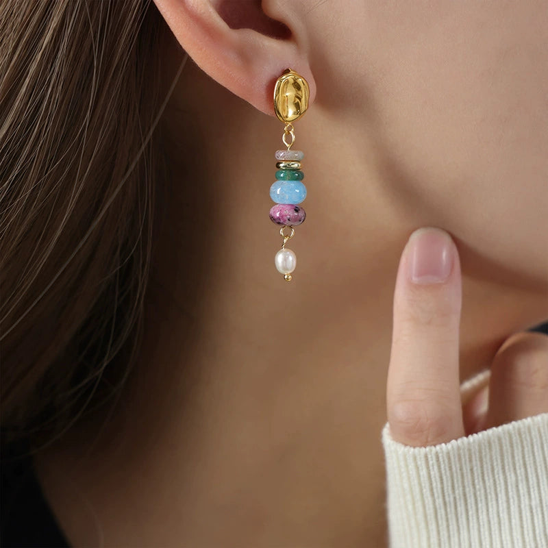 Gold earring with colorful beads from SKADIS Jewelry