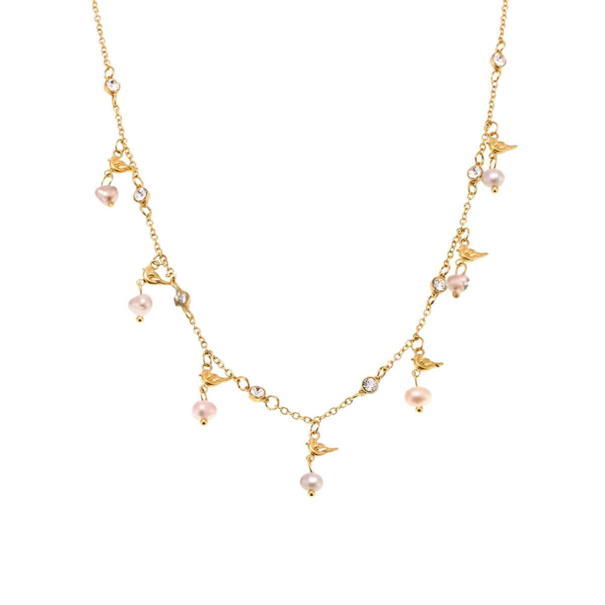 Delicate gold necklace with small pink pearls from SKADIS Jewelry