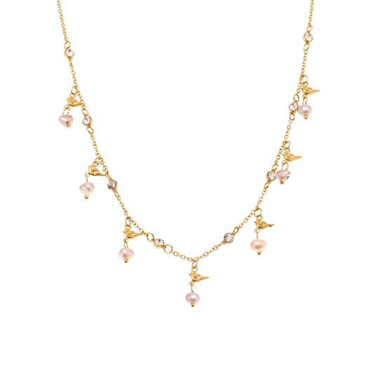 Delicate gold necklace with small pink pearls from SKADIS Jewelry