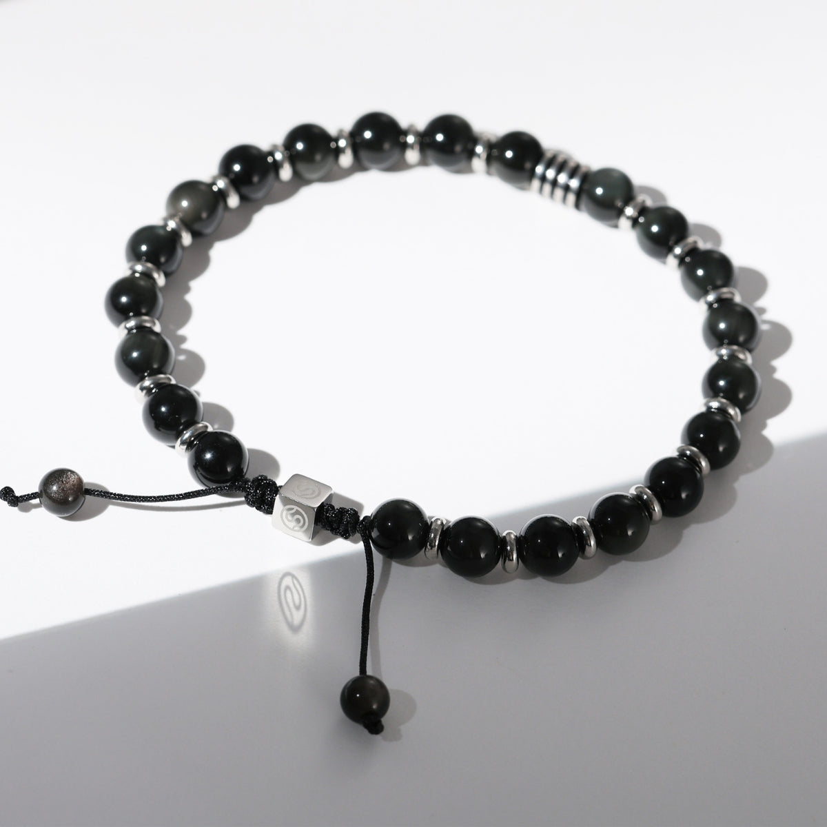 MARETH Bracelet detail view - black obsidian beaded bracelet for men - SKADIS Jewelry
